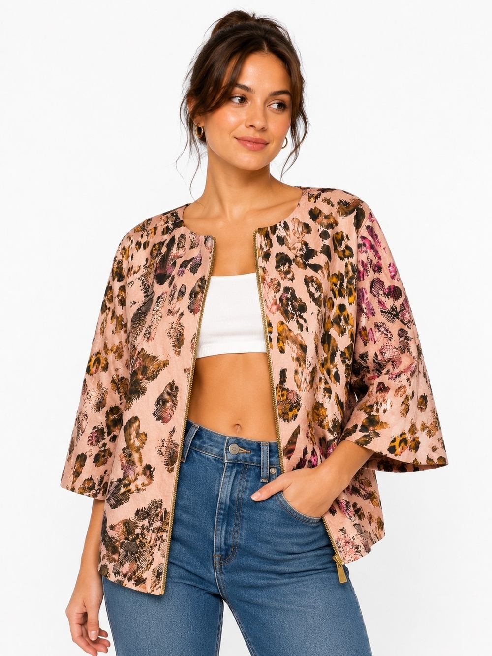 Topshop Pink Floral Leopard-Print Zip Jacket